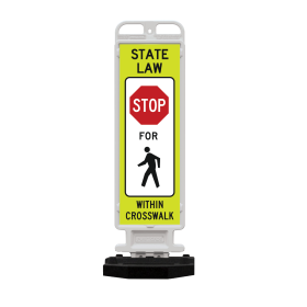 Crosscade Vertical Panel, 12" x 36", R1-6a: STATE LAW STOP SIGN FOR PEDESTRIAN SYMBOL WITHIN CROSSWALK (both sides). Yellow Green Diamond Grade Signs with High Intensity Prismatic white and red overlay. Includes 43 lb. recycled rubber base.