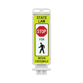 Crosscade Vertical Panel, 12" x 36", R1-6a: STATE LAW STOP SIGN FOR PEDESTRIAN SYMBOL WITHIN CROSSWALK (both sides). Yellow Green Diamond Grade Signs with High Intensity Prismatic white and red overlay.