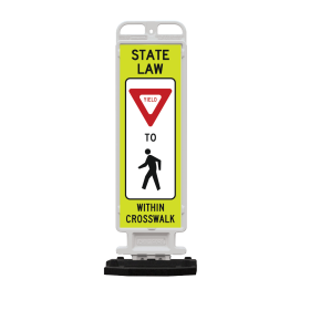 Crosscade Vertical Panel, 12" x 36", R1-6: STATE LAW YIELD SIGN TO PEDESTRIAN SYMBOL WITHIN CROSSWALK (both sides). Yellow Green Diamond Grade Signs with High Intensity Prismatic white and red overlay. Includes 28 lb. recycled rubber base.
