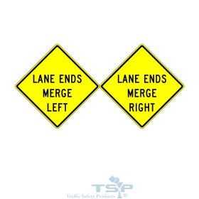 MUTCD W9-2 (R/L): Lane Ends Merge Right/Left Text Sign